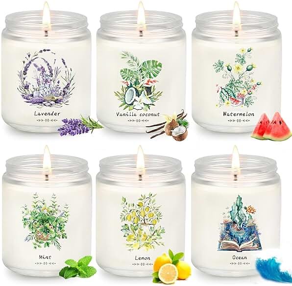 6 Pack Scented Candles Gift Set for Women, Soy Wax Jar Candles for Home, 37.8 oz Total Up to 300 Hours Burn Time, Fresh Scents - Lavender Lemon Mint Ocean Watermelon Vanilla Coconut - Product Image