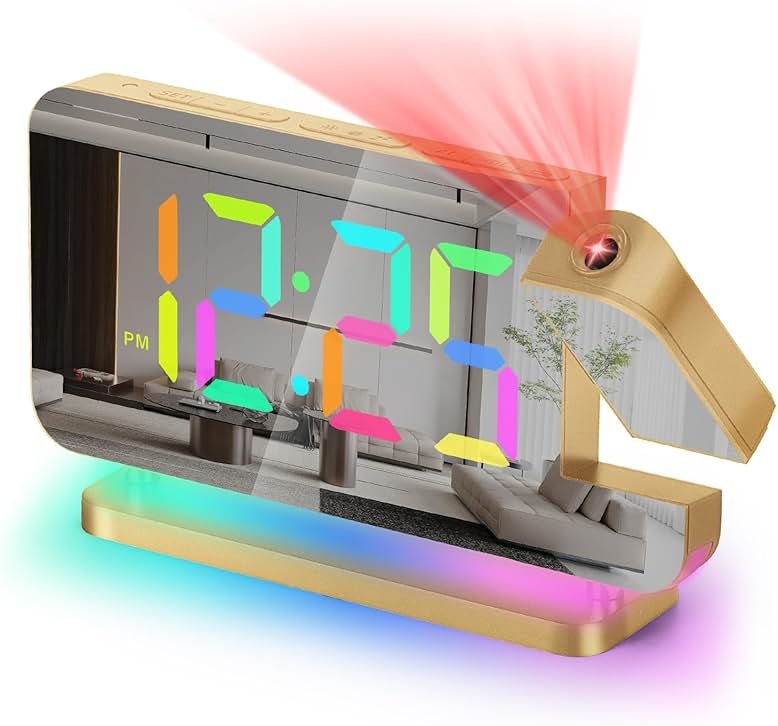 Poeroa Projection Alarm Clock for Bedroom,7.4" LED Mirror Digital Clock Large Display,with RGB Night Light,180° Rotatable Projector,USB C Port,Auto Dimmer, Loud Desk Clock for Heavy Sleeper - Gold - Product Image