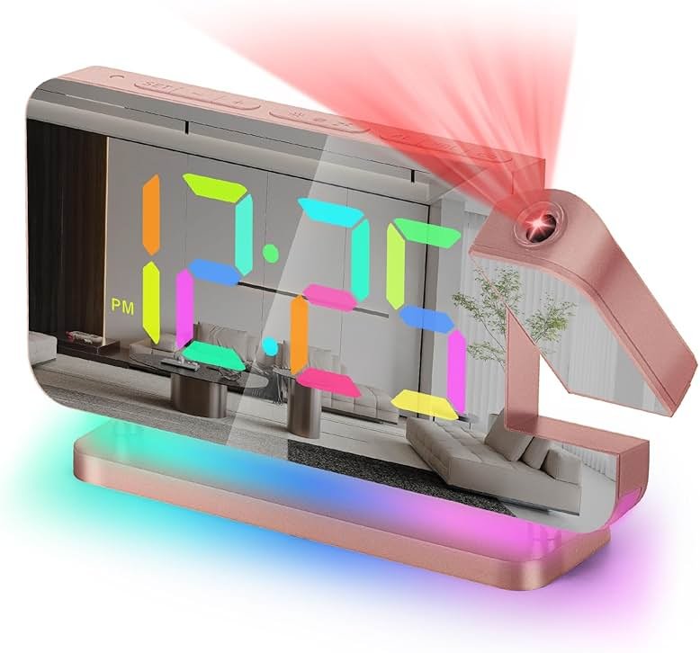 Poeroa Projector Clock,7.4 in Digital Alarm Clocks Projection on Ceiling Wall,with RGB Night Light,USB C Charging Port,Auto Dimming,LED Mirror Clock for Teen Girl Adults Bedroom Decor - Rose Gold - Product Image
