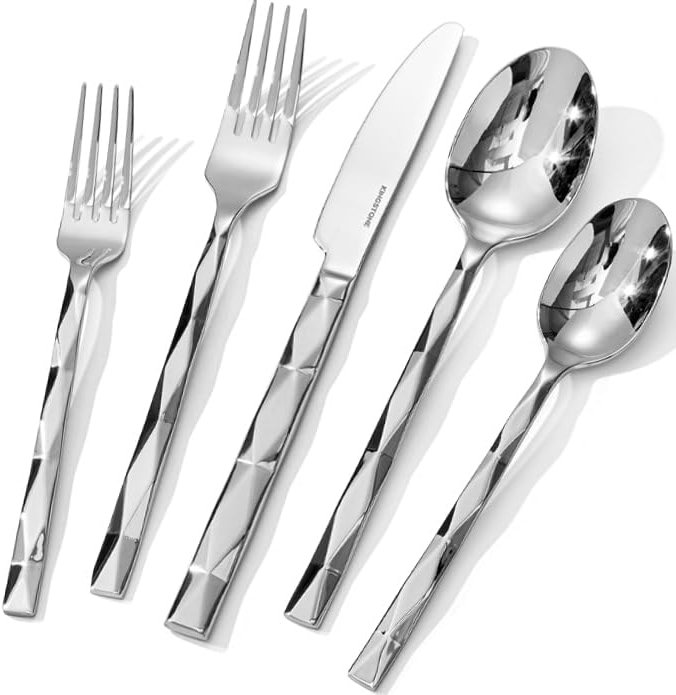 KINGSTONE Silverware Set, Luxury 20 Piece Flatware Set for 4, 18/10 Stainless Steel Cutlery Set with Diamond Cut Pattern for Kitchen, Home, Wedding, Party, Mirror Polished and Dishwasher Safe - Product Image