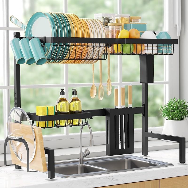 Sakugi Over The Sink Dish Drying Rack - Adjustable 2 Tier Large Capacity Stainless Steel Drainer with Cutlery & Utensil Holders, Kitchen Storage & Organization, 30"-33.9" L x 11" W x 21.5" H, Black - Product Image