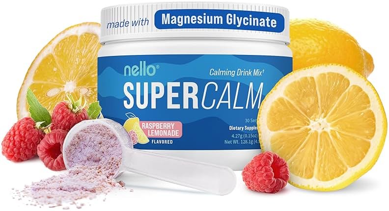 Nello Supercalm Powdered Drink Mix Tub, Cortisol Reducer*, Sleep Aid Supplement, L Theanine, Ksm-66 Ashwagandha, Magnesium Glycinate, Vitamin D 3, No Sugar, Non GMO, 30 Ct, Raspberry Lemonade - Product Image