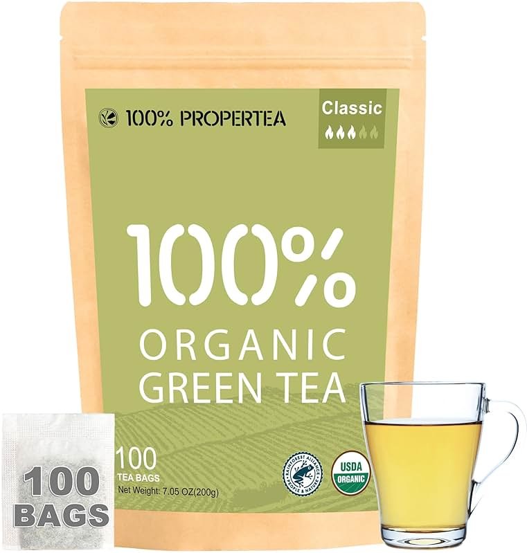 100% Propertea Organic Green Tea Bags,100 Count Eco-Friendly Tea Bags,Hot or Iced,Unsweetened,Low Caffeine, Rich in Antioxidants, Resealable Pouch,Classic Taste - Product Image
