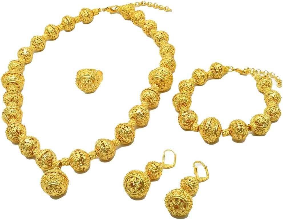 Dubai African Gold Jewelry Set For Women 24k Gold Plated Bride Necklace Bracelet Earrings Rings Sets Indian Wedding Jewelery Set Gift - Product Image