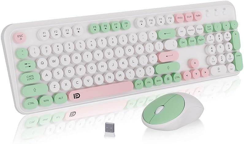 FD 2.4GHz Wireless Keyboard and Mouse Set with Switch Button - Full-Size Keyboard - Compatible for Windows/Laptop/PC/Notebook/Smart TV and More - Milky White Green Colorful - Product Image