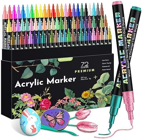 BIGTHUMB 72 Colors Acrylic Paint Pens Markers, Extra Fine Tip Acrylic Paint Markers for Rock Painting, Ceramic, Wood, Plastic, Canvas, Glass, Card Making, DIY Crafts & Art Supplies - Product Image