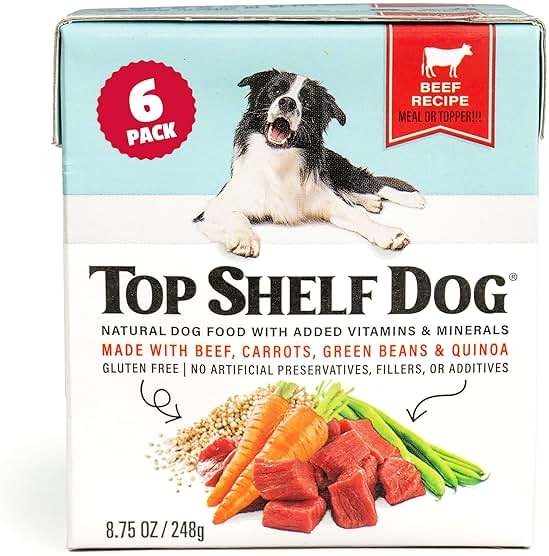 TOP SHELF DOG Fresh Beef Dog Food | Kibble Topper or Complete Meal | Human Grade Ingredients | Shelf Stable No Prep | Picky Eaters, Sensitive Stomachs, Seniors & Puppies | 6 x 8.75oz Cartons - Product Image