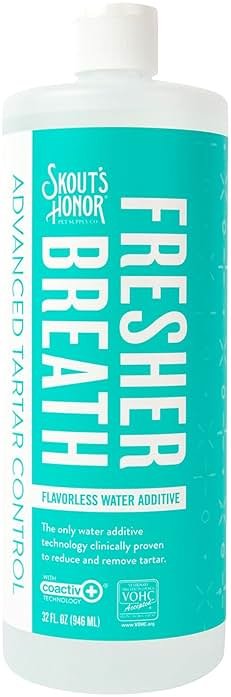 SKOUT'S HONOR Fresher Breath Water Additive, Fresh and Flavorless - VOHC Accepted for Tartar Control, Freshens Breath Fast, No Brushing Required, Great for Both Cats and Dogs, 32 oz - Product Image