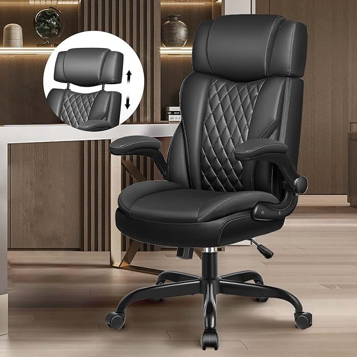 Office Chair Flip Up Arms, Executive Leather Office Chair Ergonomic Desk Chair with Lumbar Support, Adjustable Headrest, Computer Chair Home Office Desk Chair with Rocking Function - Product Image