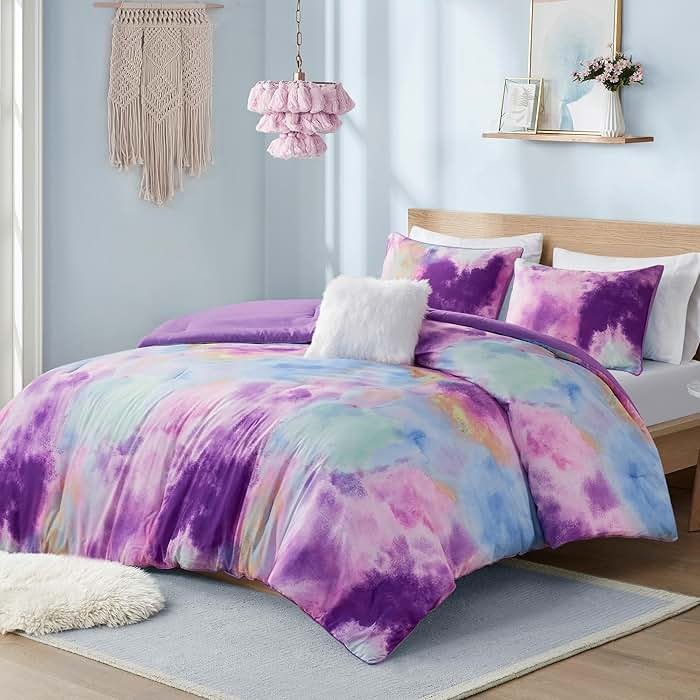 Intelligent Design Queen Size Comforter Set, Watercolor Comforter Set for Teen Girl & Boys, Tie Dye Queen Bedding Sets, 4 Pieces Cassiopeia Comforter, Sham, Throw Pillow Full/Queen Lavender - Product Image