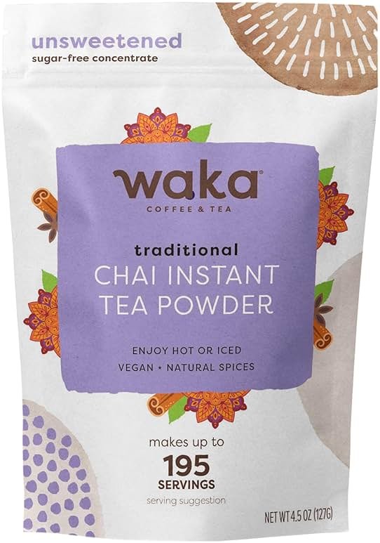 Waka Traditional Chai Tea Powder Mix - Chai Tea Concentrate Sugar Free, Pure Leaves from India, Natural Spices, Unsweetened, No Additives (4.5oz Pouch, 195 Servings) - Product Image