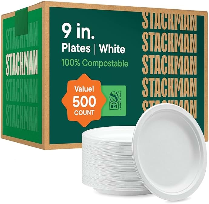 100% Compostable Paper Plates 9 Inch [500 Count] Heavy-Duty Dinner Plates - White Bagasse - Eco-Friendly Disposable Biodegradable Sugarcane Plates - [Bulk Case 4 x 125 Pack] - (BPI Certified) - Product Image
