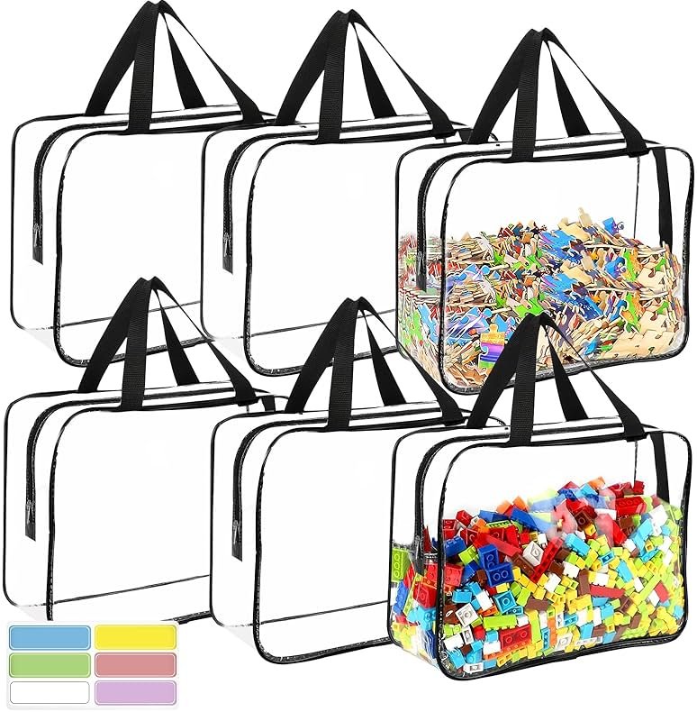 6 Packs Large Toy Storage Bags with Labels, Reusable Clear PVC Board Game Storage, Travel Waterproof Organizer Bags with Zipper for Building Blocks, Puzzle, Kids Books - Product Image