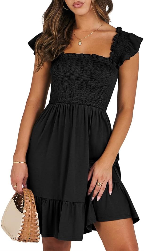ANRABESS Women's Summer Casual Sleeveless Square Neck Dress 2026 Smocked Ruffle Backless Boho Beach Cute Teen Short Sundress - Product Image
