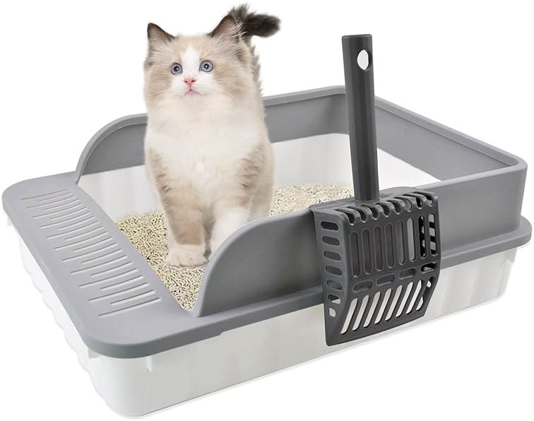 MUYG Open Cat Litter Box with High Side Anti-Splashing Cat Toilet with Litter Sifting Scoop Semi-Enclosed Kitten Litter Tray Pan Removable Prevent Sand Leakage Deodorizing Easy to Clean(Grey) - Product Image