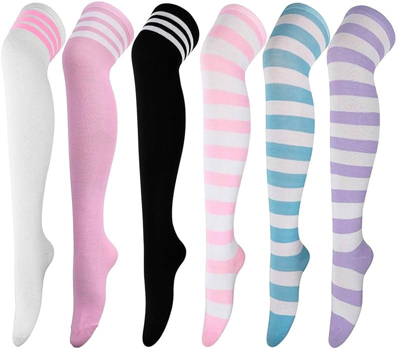 DRESHOW 6 Pairs High Thigh Socks Striped Over Knee Thin Tights Long Stocking for Women Leg Warmer - Product Image