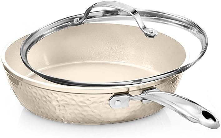 GOTHAM STEEL Hammered 10 Inch Non Stick Frying Pans with Lid, Frying Pans Nonstick with Lid, Non Toxic PFOA PFOS Free, Skillet Pan for Cooking, Induction Oven and Dishwasher Safe – Cream - Product Image