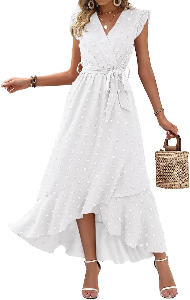 BTFBM Boho Dresses for Women 2026 Summer Fashion Cap Sleeve Swiss Dot Flowy Ruffle Beach Wedding Cocktail Maxi Dress - Product Image