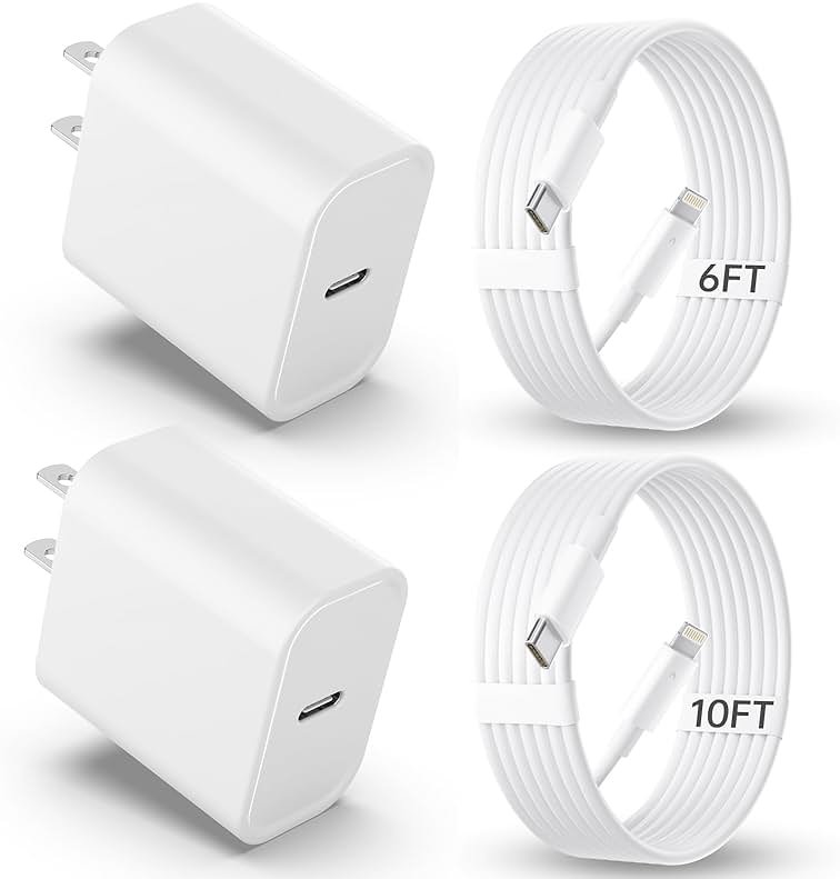 iPhone Charger Fast Charging【MFi Certified】 2Pack 20W PD USB C Wall Charger 6&10FT Cable Fasting Charging Adapter Compatible with iPhone 14Pro/13 Pro/12/12 Pro Max/11 Pro Max/XS Max/XS/XR/X/8 and More - Product Image