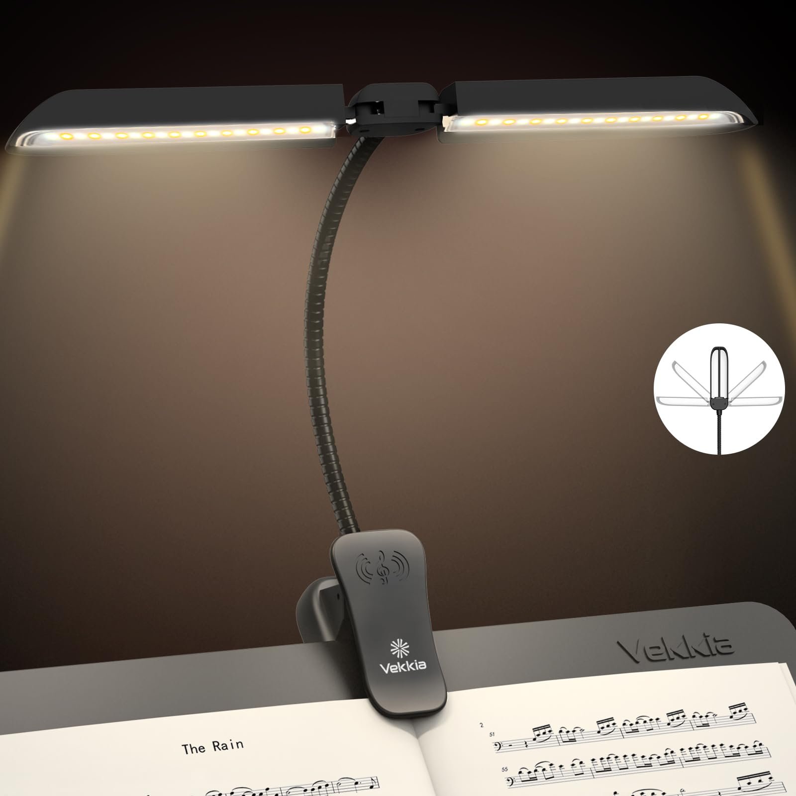 Vekkia 64 Led Rechargeable Music Stand Light - Folding Clip On Piano Lamp, Portable Professional with 5 Brightness×3 Color Temperature for Grand Piano and Book Reading - Product Image