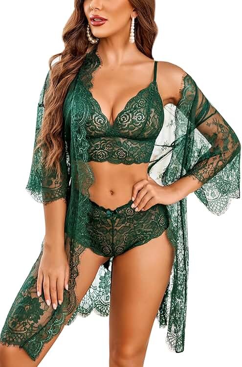 Avidlove Women Sexy Lingerie Set 3 Piece Bra and Panty Sets with Lace Kimono Robe Sleepwear Mesh Nightgown - Product Image