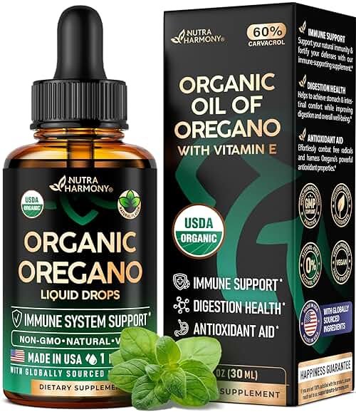 USDA Organic Oil of Oregano - Liquid Drops with Vitamin E - Supplement for Immune Support, Digestion Health & Antioxidant - GMO Free, Vegan & Natural - As Pills, Capsules, Softgels - 1 fl oz - Product Image