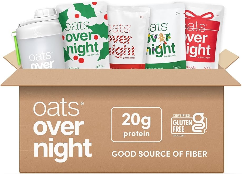 Oats Overnight - Holiday Variety Pack 20g Protein, 5g Fiber Breakfast Shake - Gluten Free, Non GMO Oatmeal Snickerdoodle, Gingerbread, & More (8 Pack + Shaker Bottle) - Product Image