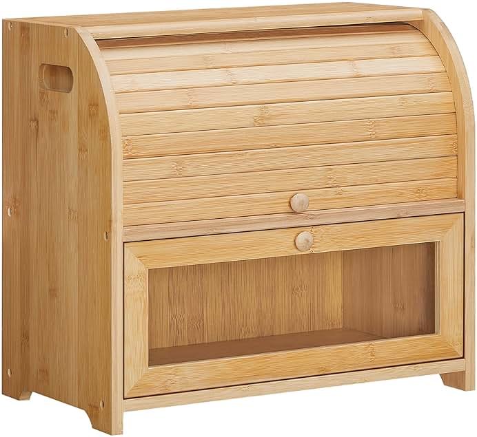 HOOBRO Bread Box, Bamboo Bread Box for Kitchen Countertop, 2 Tier Roll-Top Bread Bin, Food Storage Box, Large Capacity Keeper, Wooden Storage Cabinet, for Kitchen, Dining Room, Natural YL13MB01 - Product Image