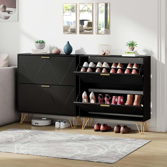 JOZZBY Shoe Cabinet for Entryway Slim Set of 2, Black Shoe Cabinet with 2 Flip Drawers, Narrow Shoe Slim Shoe Storage Cabinet Entryway, Hallway, Living Room - Product Image