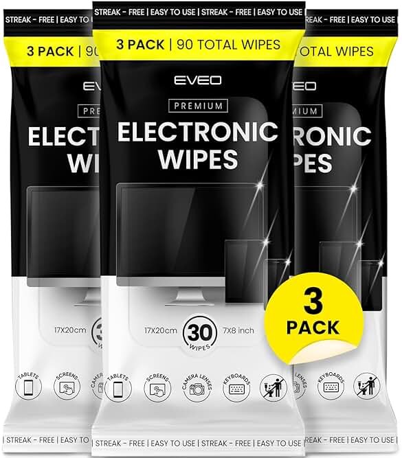 EVEO Electronic Wipes Screen Cleaner - Screen Wipes TV Screen Cleaner Wipes, Computer Screen Wipes, Laptop Screen Cleaner, ipad & Monitor Cleaner, Screen Cleaning Wipes - [90 Wipes + Microfiber Cloth] - Product Image