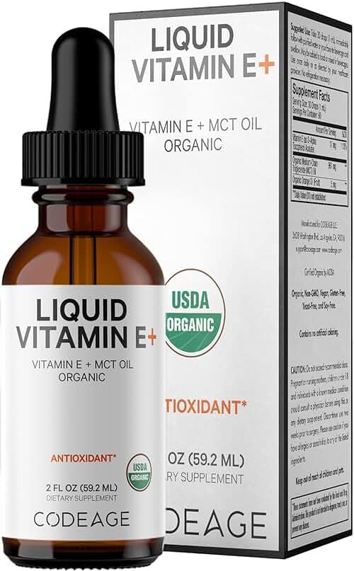 Codeage Liquid Vitamin E+ - USDA-Certified Organic Vitamin E - 2-Month Supply - D-Alpha Tocopherol Acetate, Organic MCT Oil, Orange Fruit Oil, Unflavored, Non-GMO, Vegan, Gluten-Free, 2 fl oz - Product Image