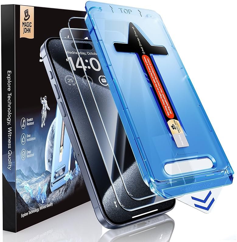 MAGIC JOHN 2 Pack for iPhone 15 Pro (6.1 inch) Tempered Glass Screen Protector, Auto Dust-Elimination Installation, Bubble Free, Dynamic Island Compatible, HD Clear, Easy Installation - Product Image