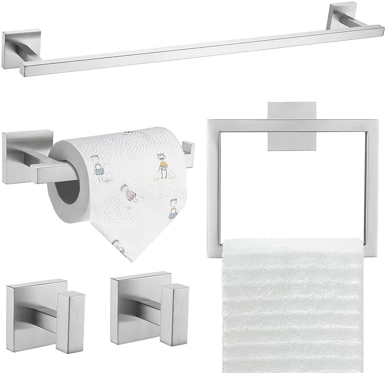 TQKAG 5-Piece Bathroom Hardware Set Brushed Nickel Classic Wall Mounted SUS304 Stainless Steel Bathroom Accessories Set 23.6" Towel Rack for Bathroom, Brushed Nickel - Product Image