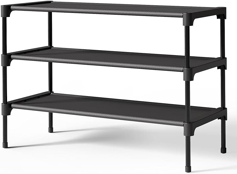 Kitsure Shoe Rack - Non-Woven Shoe Rack Shelf, Shoe Organizer for Closet, Entryway, Garage & Corridor, Stackable Shoe Shelves, 27.5" Wide - 3 Tier, Black - Product Image