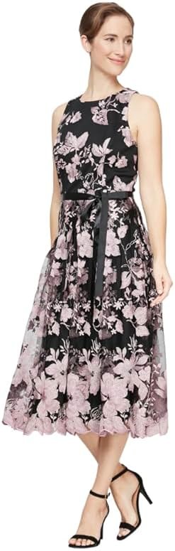 Alex Evenings Women's Sleeveless Midi Dress with Elegant Embroidery, Full Skirt and Tie Belt (Petite and Regular Sizes) - Product Image