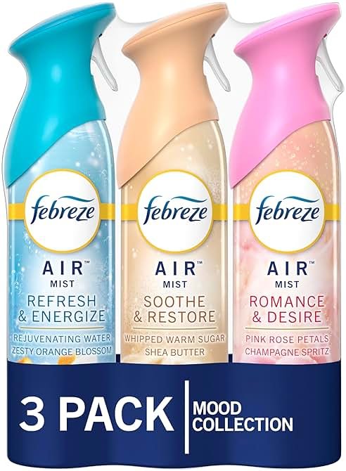 Febreze Air Mist Air Freshener Spray, Odor-Fighting Room Spray for Home and Bathroom and Kitchen, Aerosol Can, Refresh & Energize, Soothe & Restore, Romance & Desire Scent, 8.8oz, 3 Count - Product Image