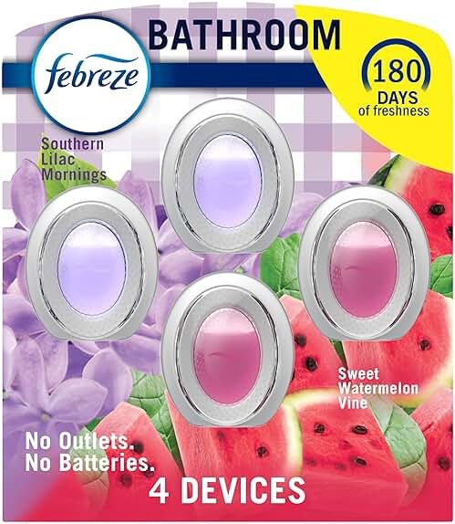 Febreze Bathroom Air Freshener, Odor-Fighting, Plug In Alternative, Air Fresheners for Small Spaces in Home, Bathroom, Kitchen, & Closet, Lilac & Watermelon Scents, 4ct (2 of Each Scent) - Product Image