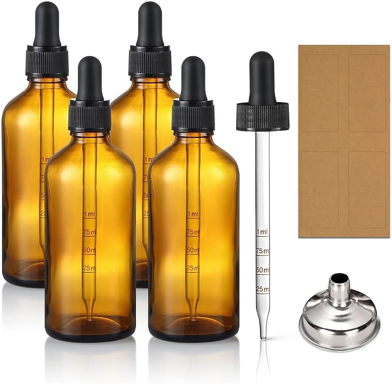 4 Pack, 100ml Dropper Bottles with 2pcs Glass Pipettes(1ml) - Essential Oils Bottles for Health, Personal Care & Beauty - 3.4oz Thick Dark Amber Glass Tincture Bottle with Eye Droppers, Leakproof - Product Image