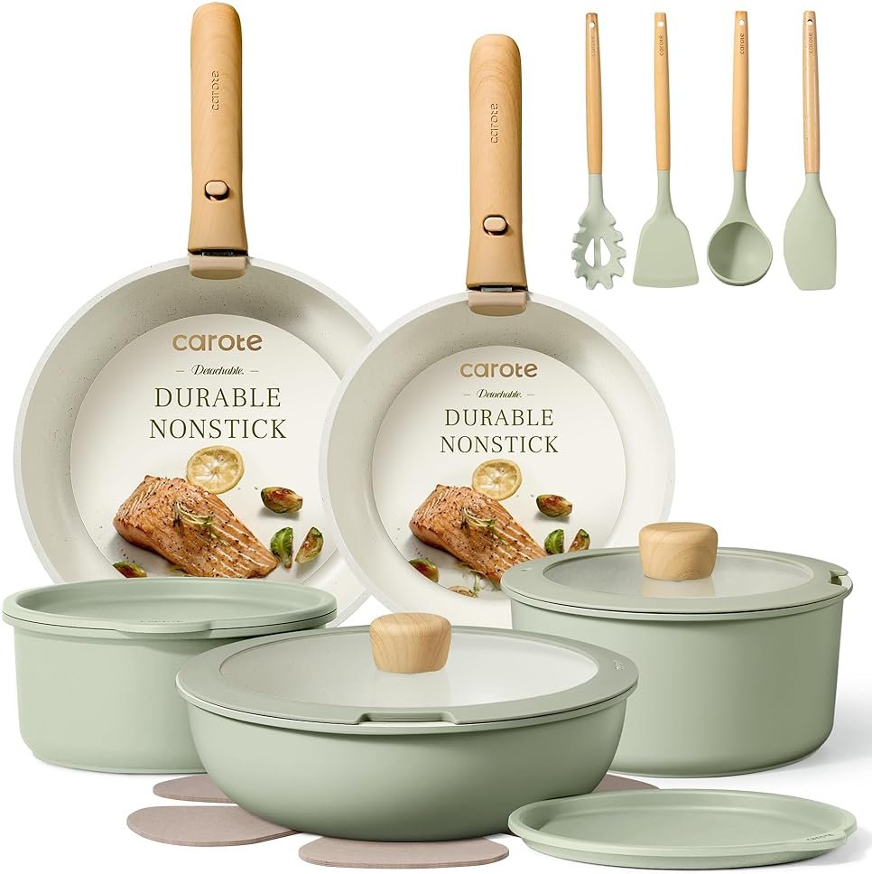 CAROTE Pots and Pans Set, Nonstick Cookware Set Detachable Handle, 19pcs Induction Kitchen Cookware Sets Non Stick with Removable Handle, RV Cookware Set, Oven Safe, Sage Green - Product Image
