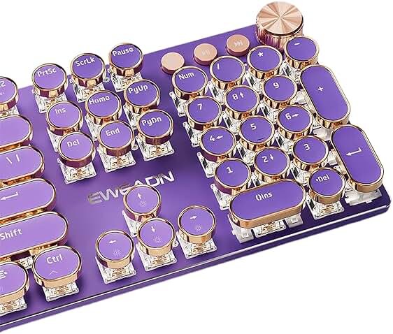 TISHLED Typewriter Style Mechanical Gaming Keyboard White LED Backlit 104-Key NKRO Pink Switches Retro Round Keycaps Golden Ring Volume Knob Metal Panel Wired USB-C Detachable Cable, Purple - Product Image