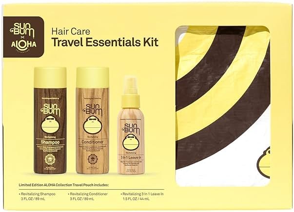 Sun Bum Hair Care Travel Essentials Kit - Revitalize Your Hair With Revitalizing Shampoo, Conditioner, and 3-in-1 Leave In Treatment - Includes Aloha Collection Travel Pouch - Product Image