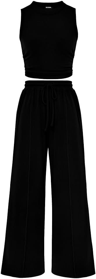 BTFBM Summer Outfits For Women 2026 Ribbed Sleeveless Tank Tops Wide Leg Pants 2 Piece Sets Lounge Set Clothing - Product Image