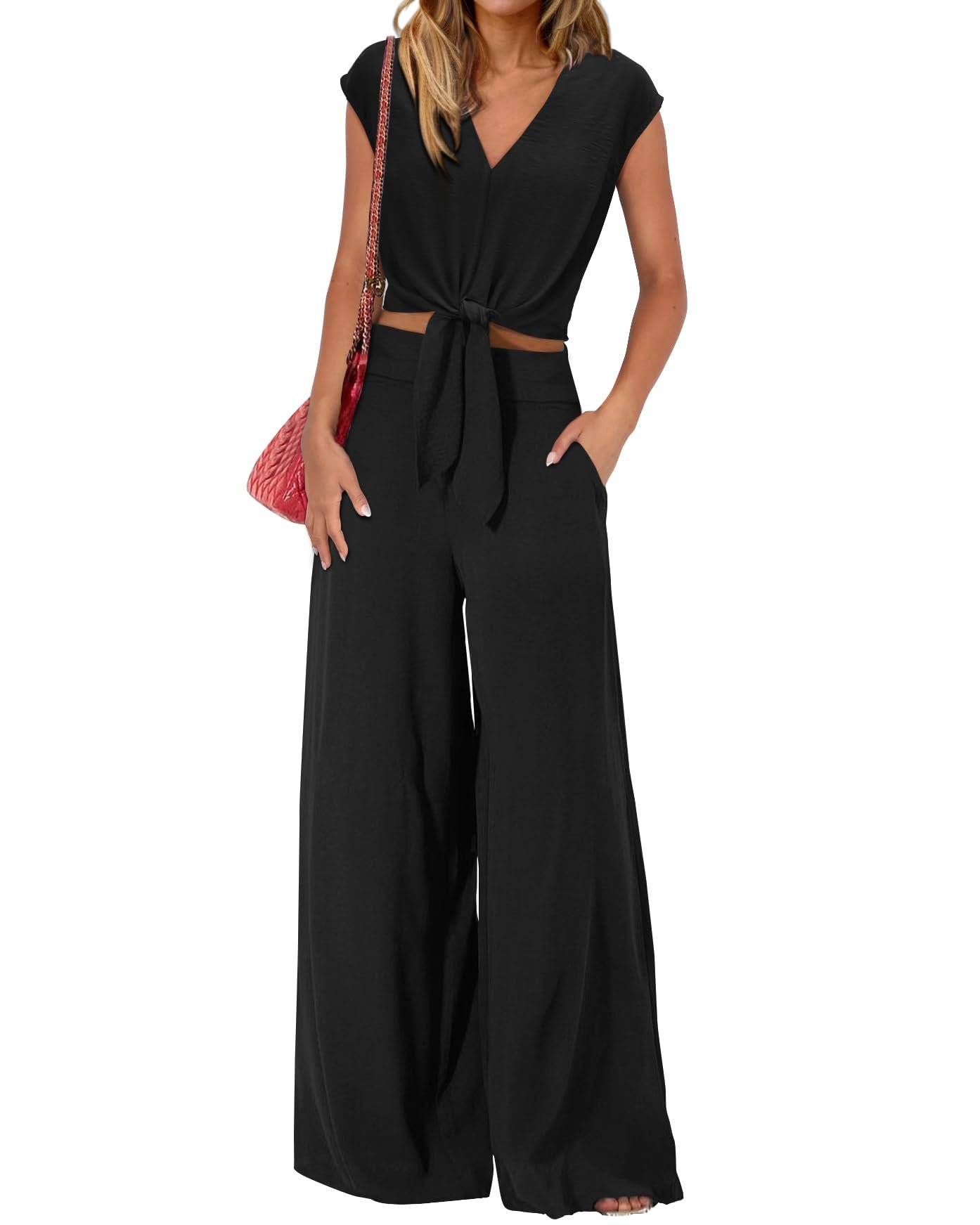 PRETTYGARDEN Women's Summer 2 Piece Outfits 2025 Cap Sleeve V Neck Belted Crop Tops Wide Leg Pant Sets Casual Tracksuit - Product Image