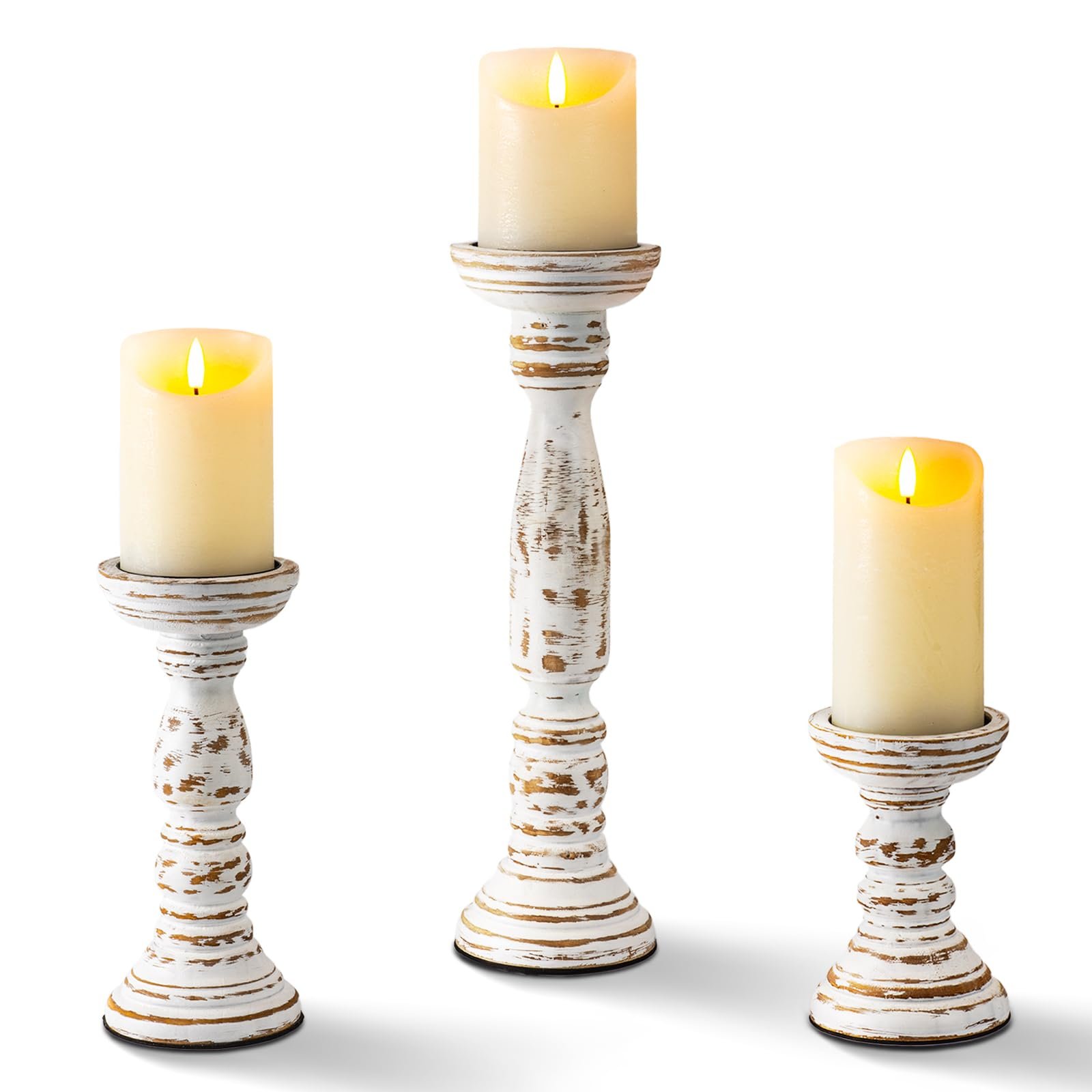 Homemory Farmhouse Wood Candle Holders for Pillar Candles Set of 3, Rustic Candle Holders for Table Centerpiece, 13" 9" 6" Vintage Tall Candle Stand Decorative for Dining Fireplace Living Room (White) - Product Image