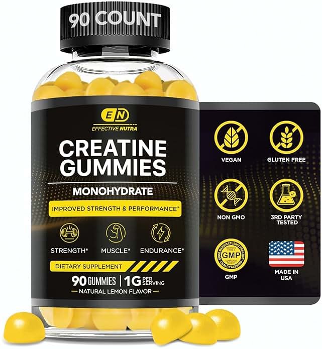 Effective Nutra Creatine Monohydrate Gummies - 1g Creatine per Gummy - Vegan Muscle & Strength Supplement for Men & Women - Supports Muscle Growth, Energy, Endurance - Lemon Flavor, Made in USA (90ct) - Product Image