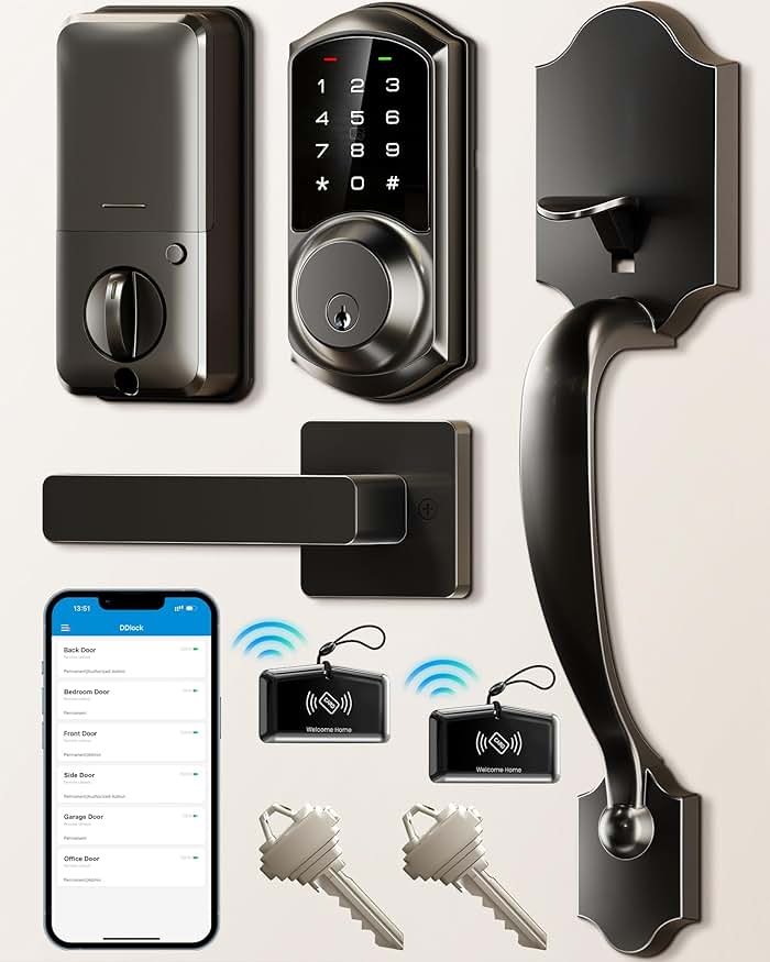 Veise VE06-H Smart Front Door Lock Set, App Control, Keyless Entry Deadbolt with Lever Handle, Electronic Digital Touchscreen Keypad, Auto Lock, Easy Install, Matte Black - Product Image