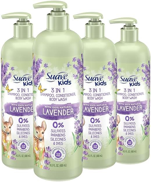 Suave Kids Natural Lavender Oil 3-in-1 Tear Free, Body Wash, Shampoo and Conditioners, No Sulfates, No Parabens, No Silicones, No Dyes, 16.5 Oz Pack of 4 - Product Image