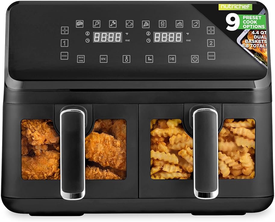 Nutrichef Double Basket Air Fryer 8.8 QT | Family Size Oil Free Airfryer with Transparent Window | 9-1 Preset Cooking Options | 360° Hot Air Circulation Technology | 4.4 QTs per Basket | Black - Product Image