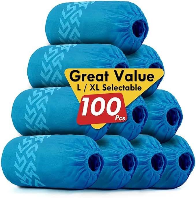 Disposable Shoe Covers 100 Pack (50 Pairs) | Non-Slip, Durable Non-Woven Fabric Boot Covers for Indoors, X-Large Recyclable Shoe Protectors, Stretchable Fits Up to Size 13 US Men & Work Boots - Product Image