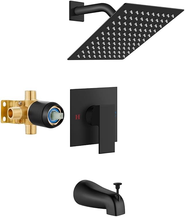 Airuida Shower Faucet Set with Tub Spout Bathtub Faucet Kit Shower Tub Faucet Set Complete Tub Shower Trim Kit with Solid Brass Rough-in Valve and Rainfall Square Showerhead,8 Inch-Matte Black - Product Image